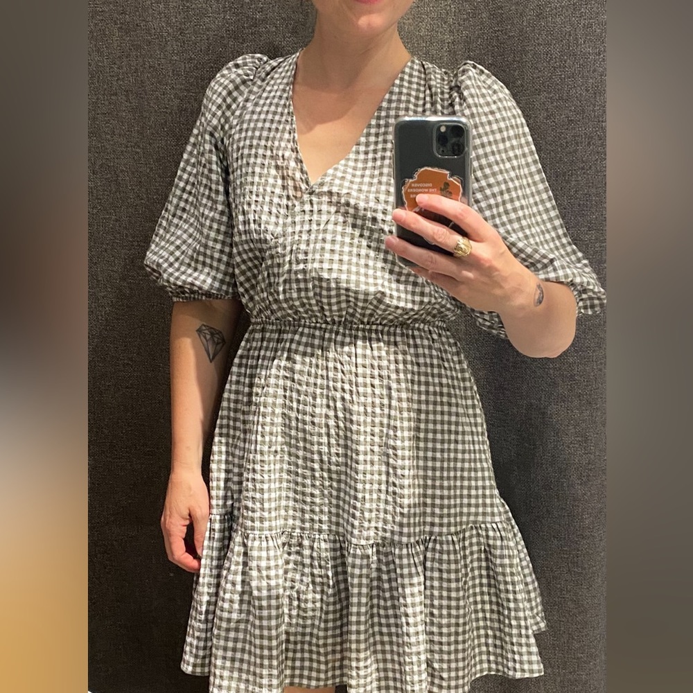 Mango green and white gingham dress, EUC 💚